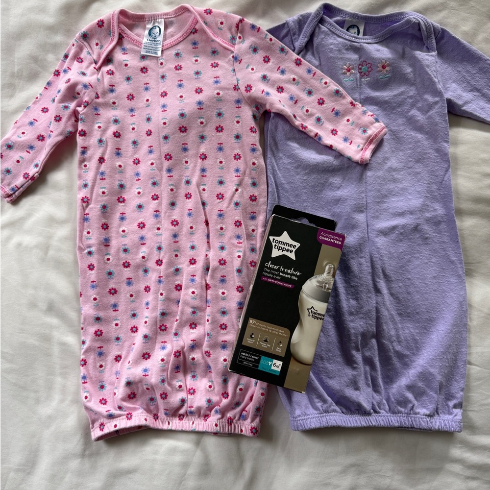Gerber Pink and Purple baby girl PJ swaddles onesie and bottle